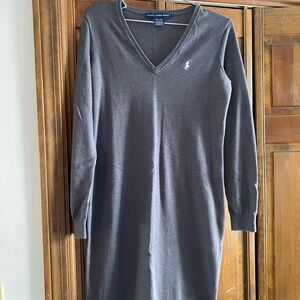 Vintage Ralph Lauren Women’s V-Neck Long Sleeve Sweater Dress - Dark Gray